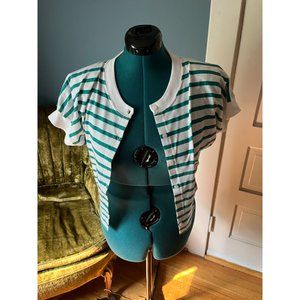 80s Green + White Striped Short Sleeved Button-Up T-Shirt
